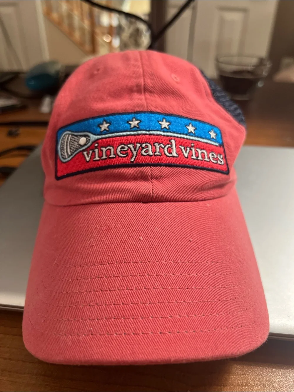 Vineyard Vines Kids Coral Pink & Navy Mesh Hat with Lacrosse stick